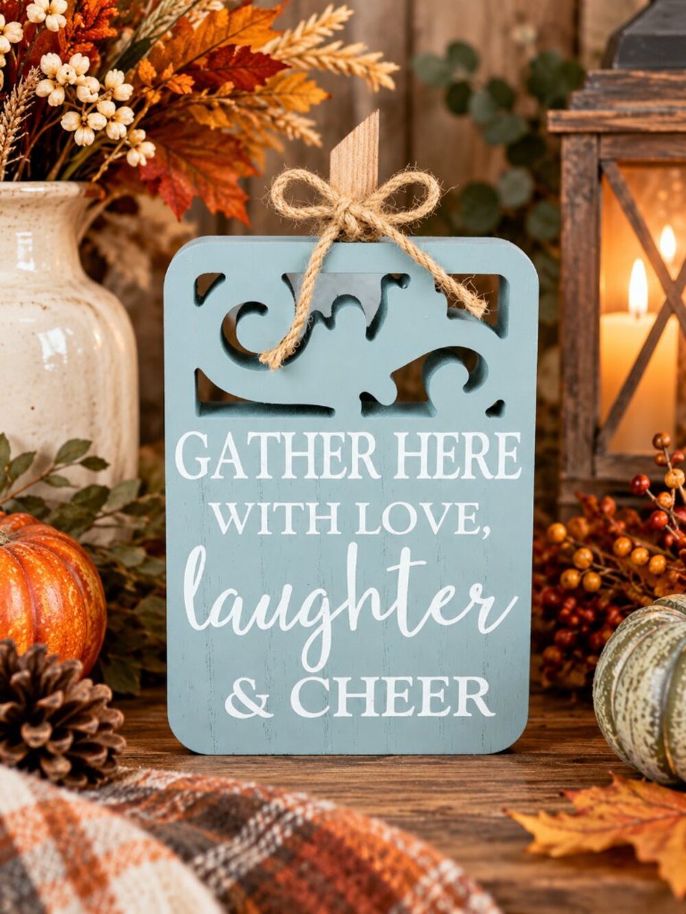 Fall Pumpkin Gather Here With Love Laughter & Cheer Wood Sign Farmhouse Décor